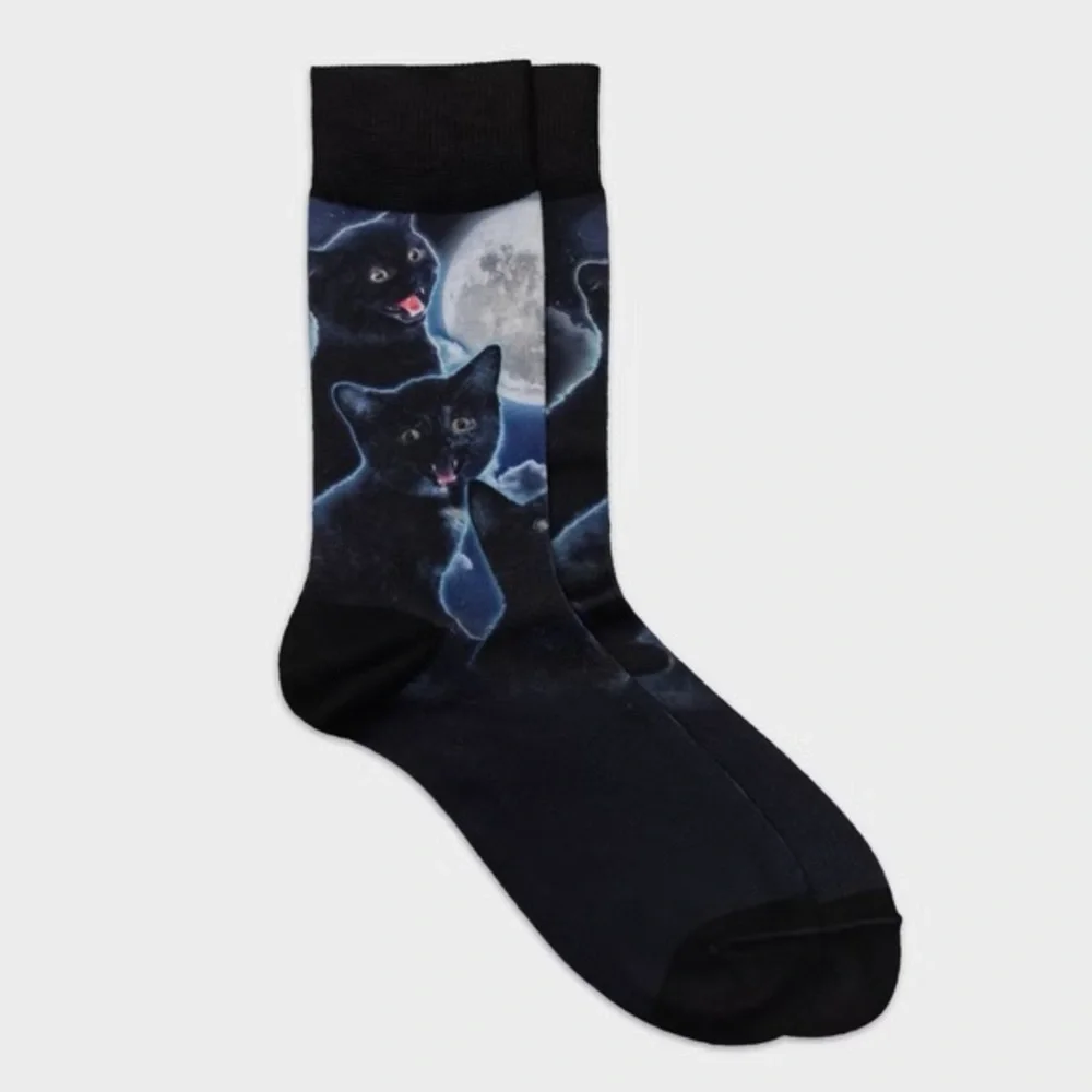 Men's nwt Special Thanks Halloween Black Cats & Moon Crew Socks - 6-12